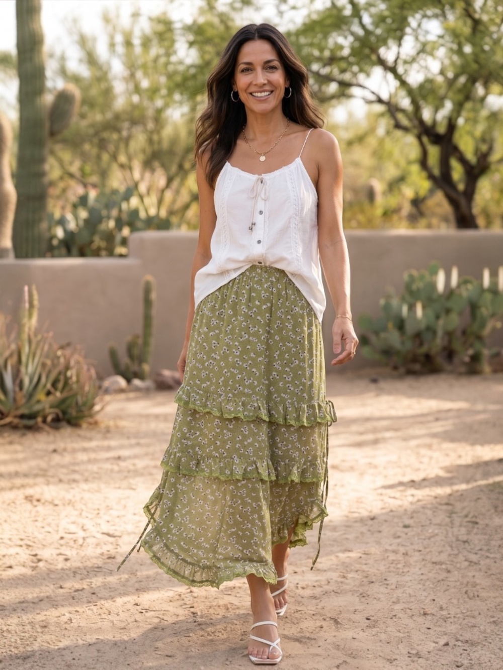 POL Green Ditzy Floral Maxi Skirt | Ruffle Tiered Side Slit Pull On - Picture 7 of 7